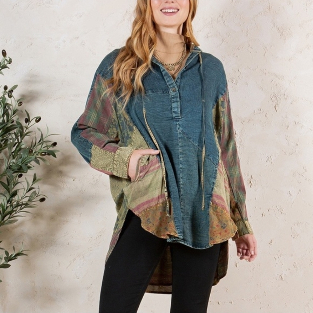 NEW!!! Young Threads Denim Patchwork Hooded Tunic Top Blue and Beige, Sz 2X, NWT